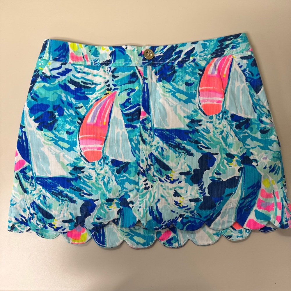Lilly Pulitzer Nautical Skort Sailboat Pattern Scallop Hem Size 2 Blue Pink